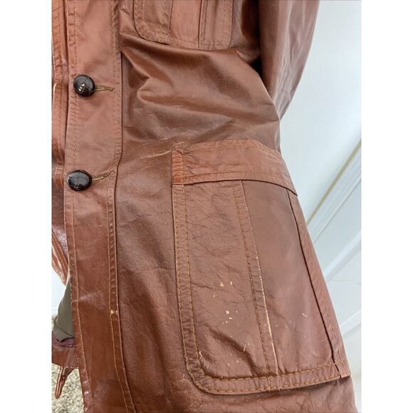 Vintage Rice Sports Wear 70s Men 42 Brown Leather Hipster Mod Disco Plaid Coat - Picture 5 of 12